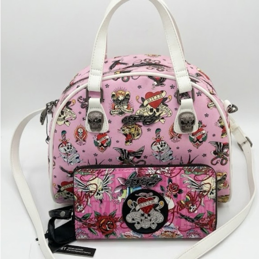 Ed Hardy Pink Tattoo-Print Dome Satchel with Matching Wallet